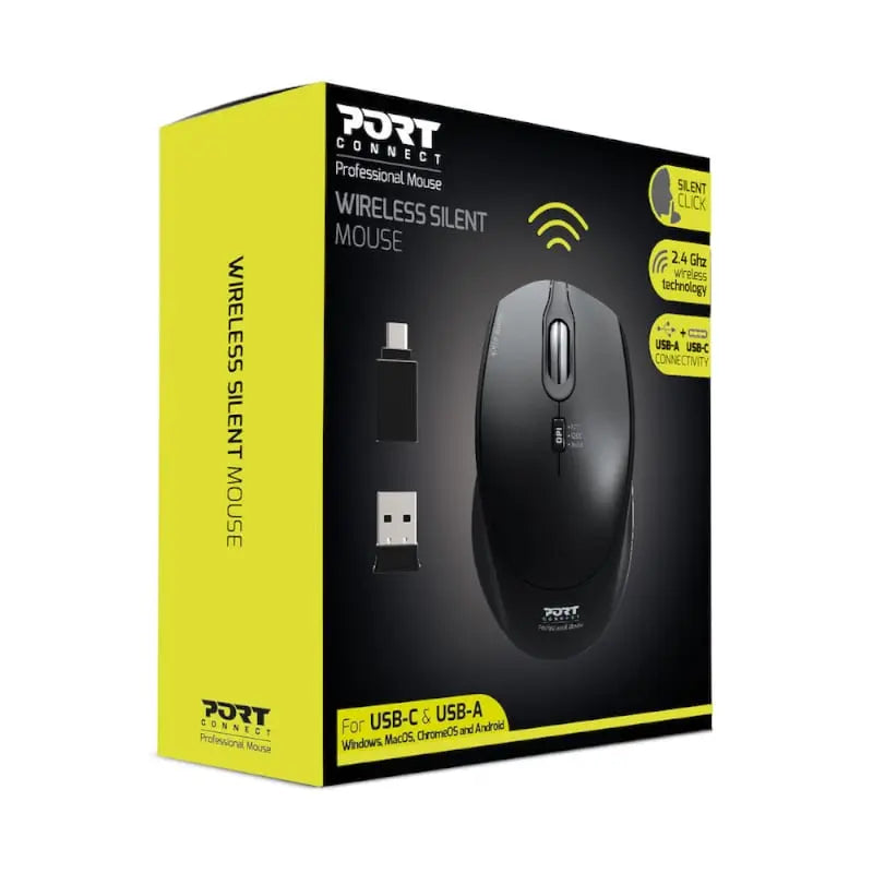 Port Wireless Silent 3600DPI 3 Button USB and Type-C Dongle Mouse – Black Port
