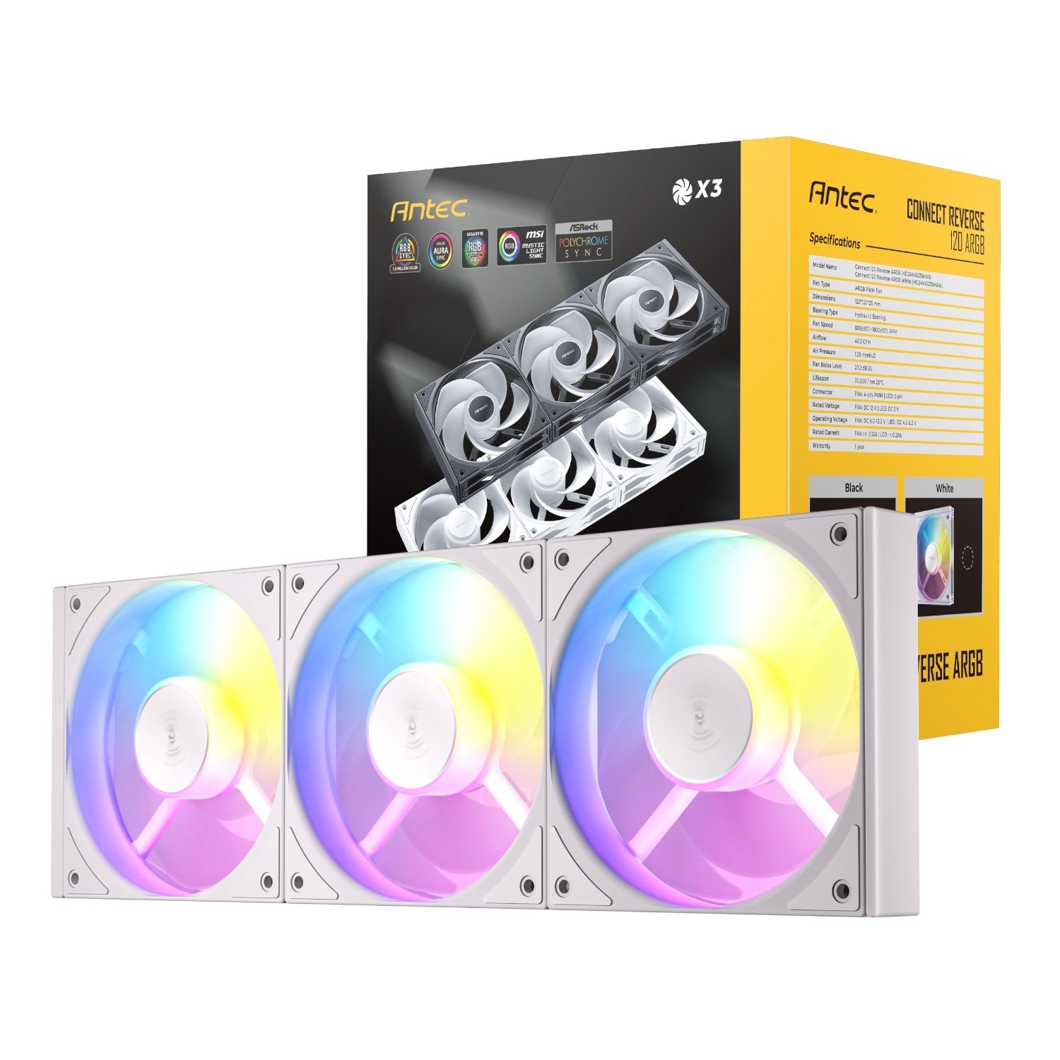 Antec Connect 120 Reverse ARGB PWM Fan 3 Pack – White Antec