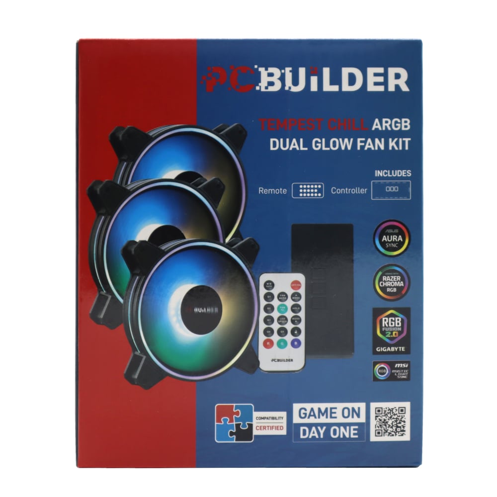 PCBuilder Tempest Chill Fan Kit 3x120MM Dual Glow ARGB Fan + Controller + RF Remote PCBuilder