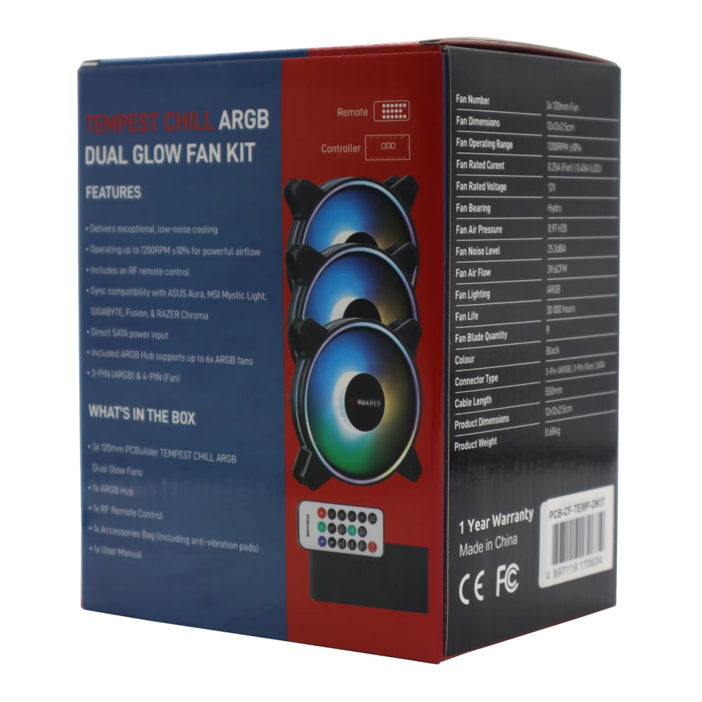 PCBuilder Tempest Chill Fan Kit 3x120MM Dual Glow ARGB Fan + Controller + RF Remote PCBuilder
