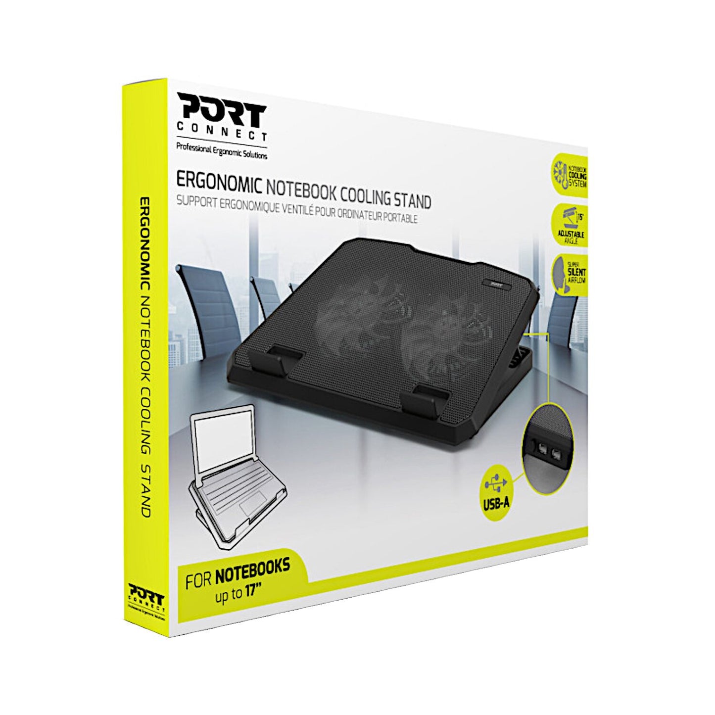 Port Ergonomic Notebook Cooler Pro, with Dual Fans & USB Ports Port
