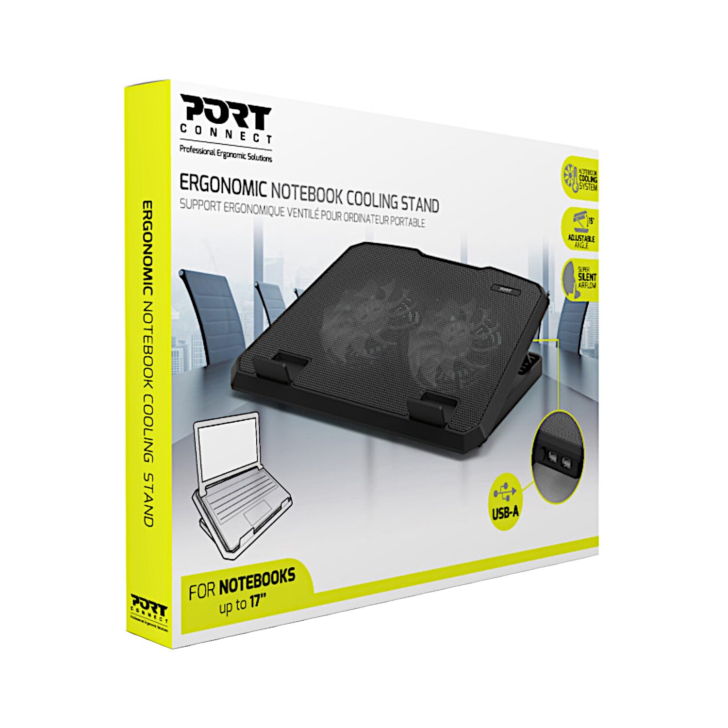 Port Ergonomic Notebook Cooler Pro, with Dual Fans & USB Ports Port