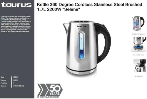 Taurus Stainless Steel 1.7L Cordless Kettle 2200W Taurus